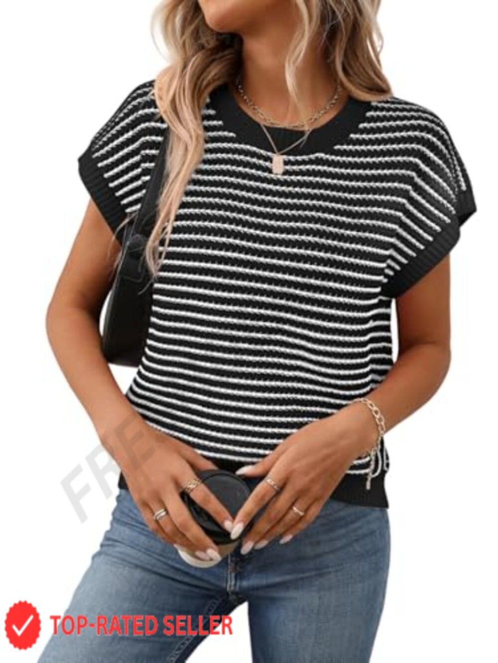 Cap Sleeve Striped Sweater Vest Soft Knit Top